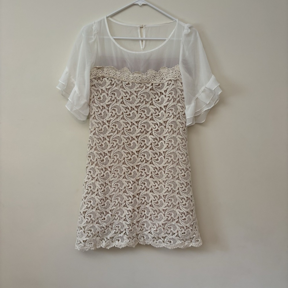 Be Radiance Women Medium Crochet Lace Dress Ruffle Sleeve Bohemian Scalloped Hem